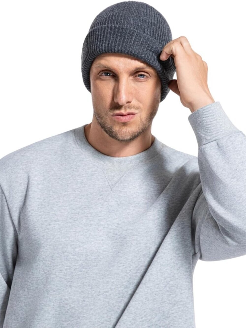 Unisex White Warm Thick Knitted Cuffed Beanie Winter Pull-on Classic Skull Cap - Picture 3 of 7